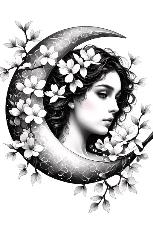 Crescent Moon With Woman's Face Wrapped In Cherry Blossoms