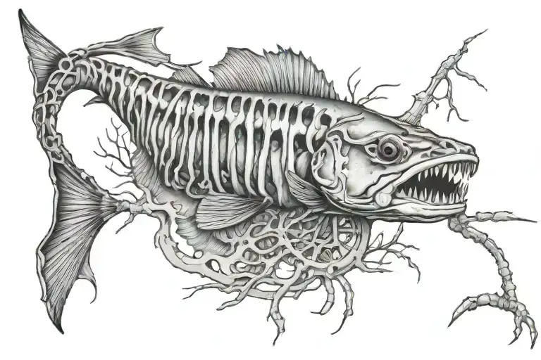 Trout Skeleton Feeding On Stonefly