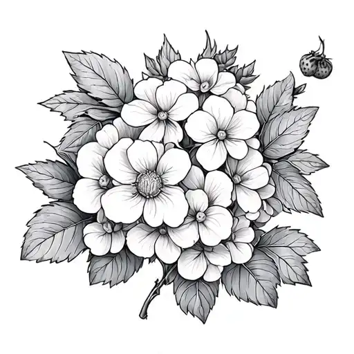 Wild Strawberry Blossoms And Hydrangeas Fine Line