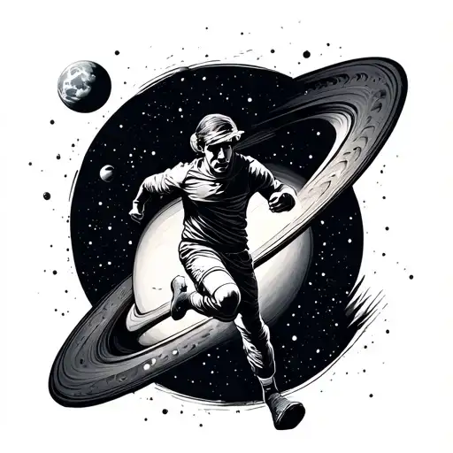 Man Running On Ring Of Planet In Space