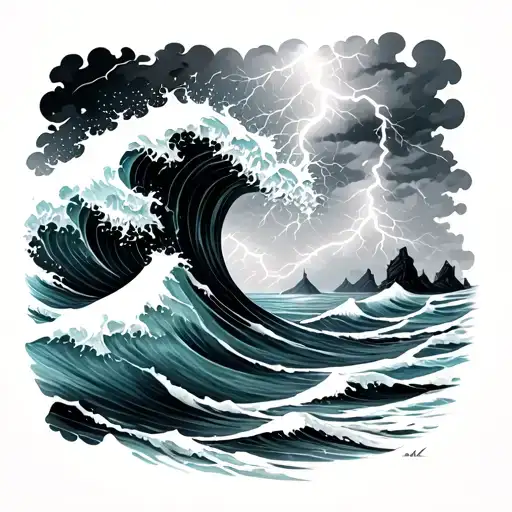 Lighting Storm Over Underwater Colourful Ocean Wave