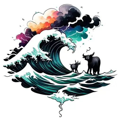 Lighting Storm Over Underwater Colourful Ocean Wave With Animals