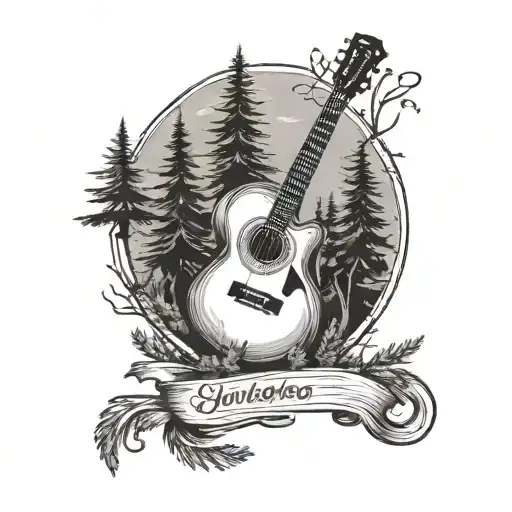 Guitar And Evergreen Trees Blended Elements Of Nature