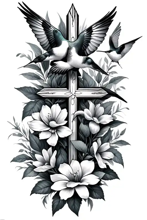 Cross And Humming Birds And Flowers