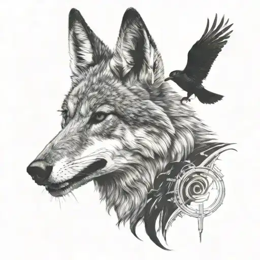 Coyote With Black Bird And Raven Flying
