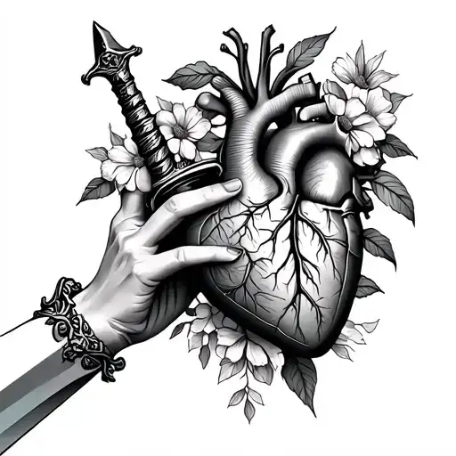 Hand Reaching For Anatomical Heart With Dagger And Flowers