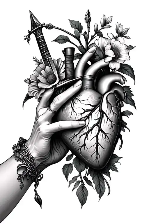 Hand Reaching For Anatomical Heart Thats A Over With Dagger Through It And Flowers