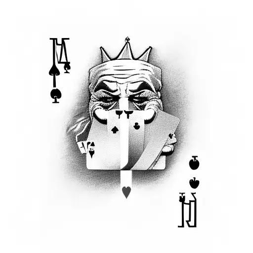 Royal Flush Coming Out Of The Top Of A Mask And A Joker Card In The Mouth Of The Mask