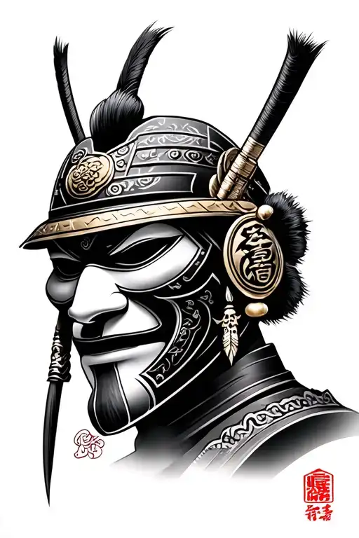 Japanese Samurai Mask With The Details Of Lots Of Sigilism And Made With Sigilism Style