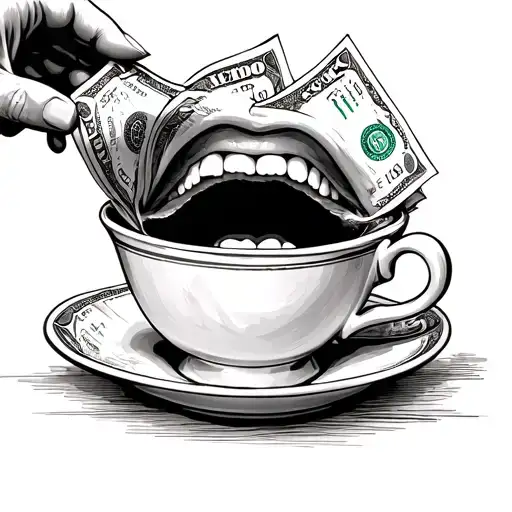 Drinking Money From Tea Cup Into A Open Mouth
