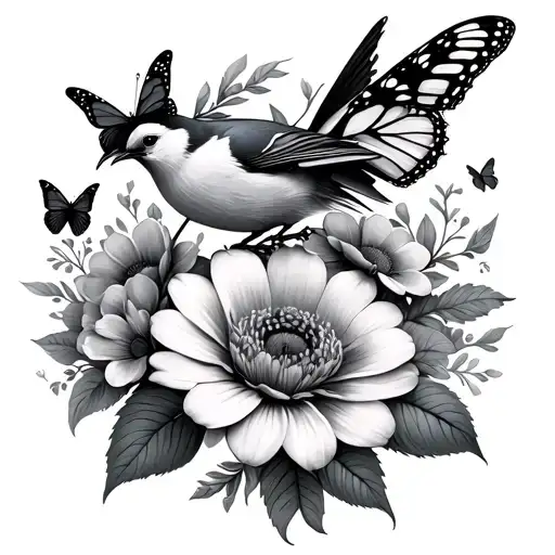 Madalia Flowers With A Bird And A Few Butterfly's