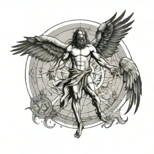 An Artistic Fusion Of The Vitruvian Man With A Phoenix Rising In The Background