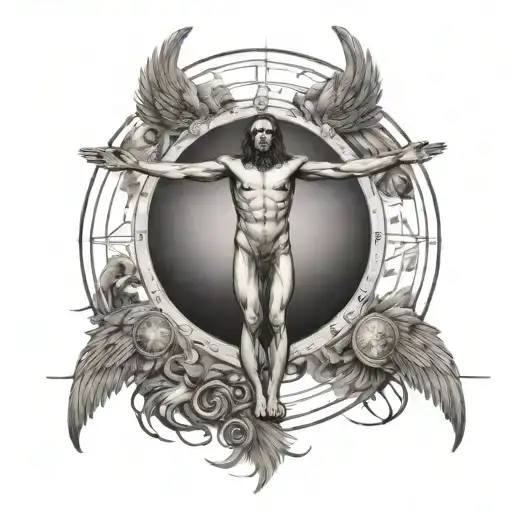 An Artistic Fusion Of The Vitruvian Man With A Phoenix Rising In The Background