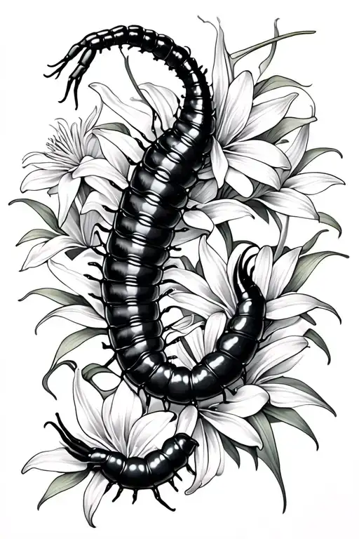 A Centipede Crawling Through Spider Lilies