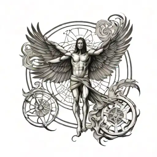 Vitruvian Man With A Phoenix Rising In The Background
