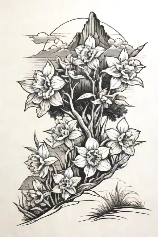 Daffodils With Mountains And Tree Growing