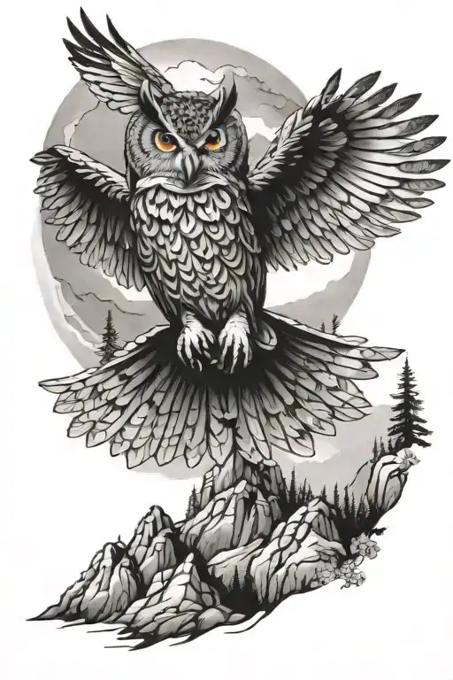 Owl Flying With Mountains And Trees In Background