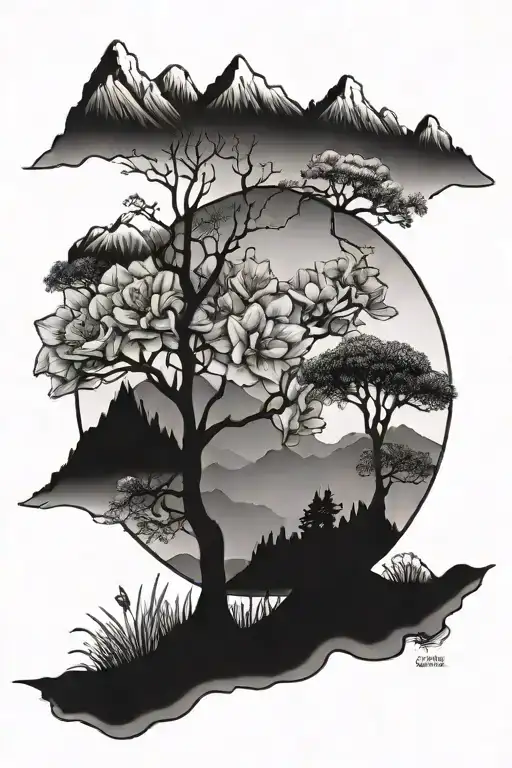 Mountains And Tree Growing With Daffodils Around