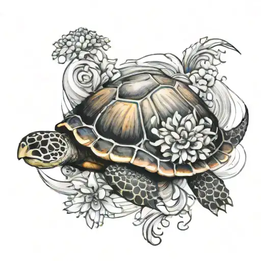 A Watercolor Wave Tattoo Featuring A Turtle And Chrysanthemum Flowers