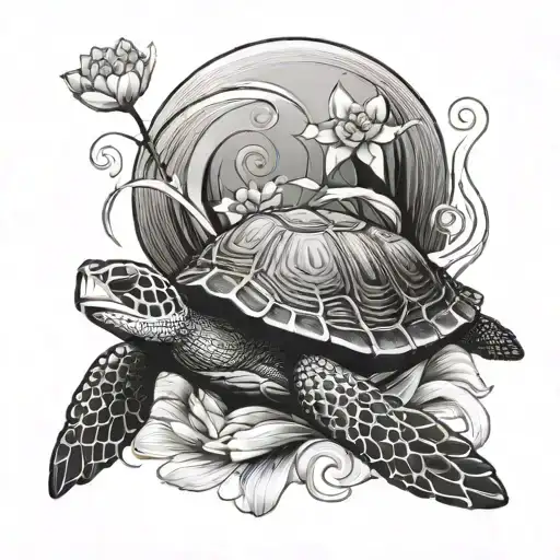 A Minimalistic Wave Tattoo With A Small Turtle And Chrysanthemum Detail