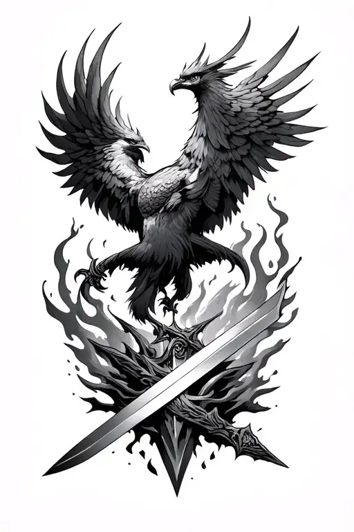 Phoenix Rising From The Ashes With A Sword In The Ashes