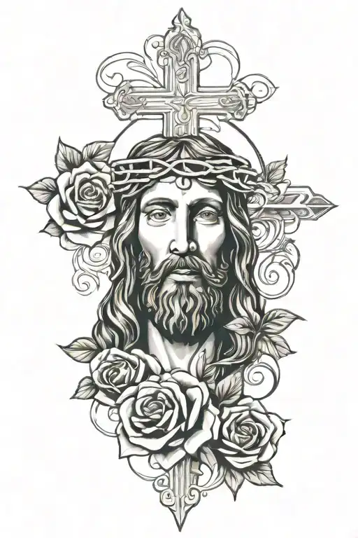 Jesus Face Tattoo And Rose