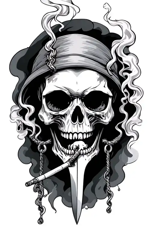 Skull Stabbed With A Dagger With Hanging Eye Smoking Cigarettes