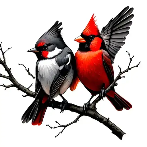 A Swallow And An Red Cardinal Sitting On Branches Stretching Towards