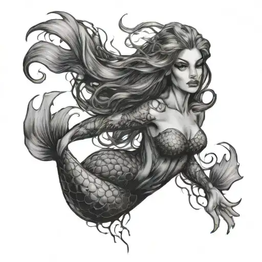 Sketch Of A Dark Mermaid Swimming Underwater Surrounded