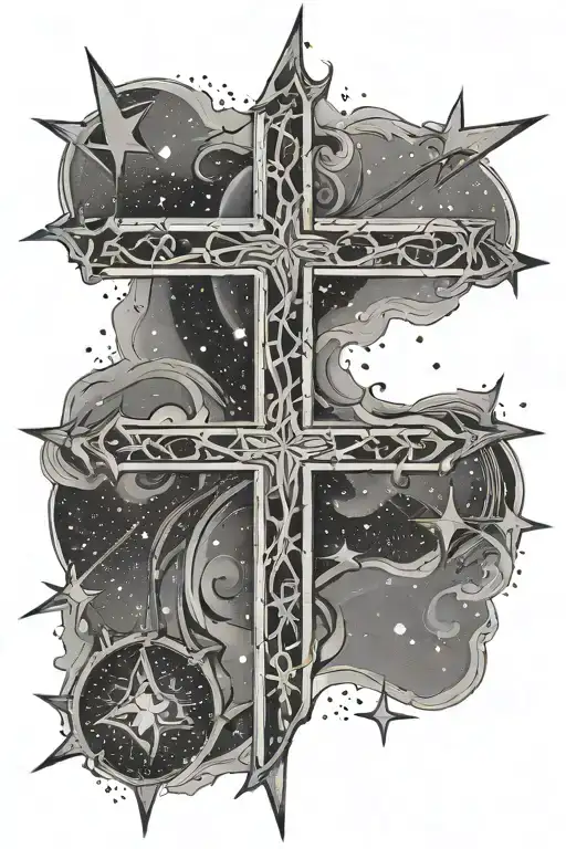 Cross With Two Stars Around And Star Dust Trail Leading