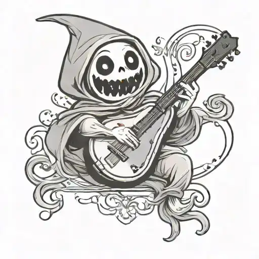 Cartoon Ghost Playing Mandolin Simple Line Drawing