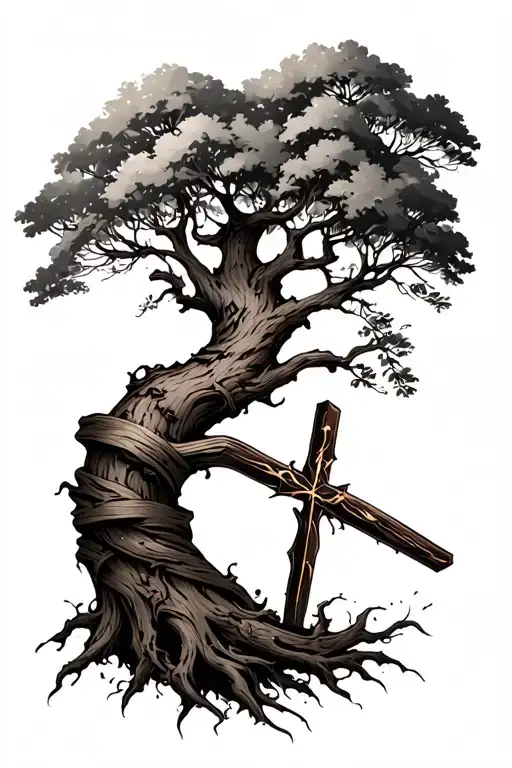 Tree Back Tattoo With A Cross Wrapped