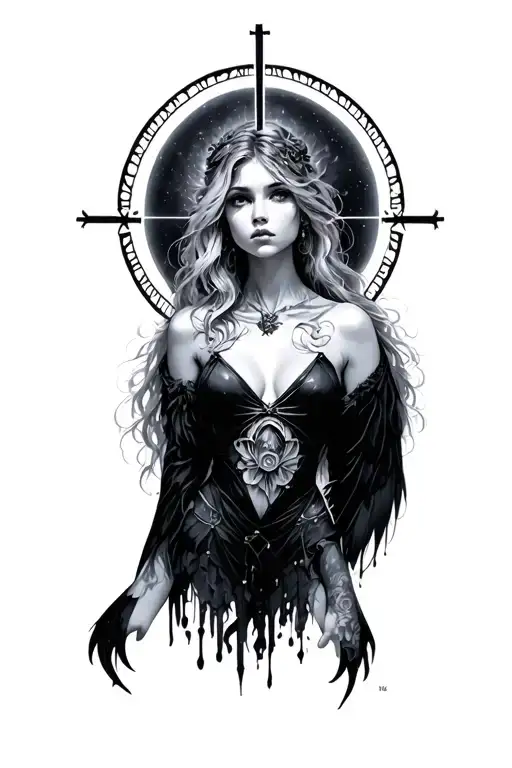 Fallen Angel Cross Halo Cyber Sigilism Style Beautiful Woman