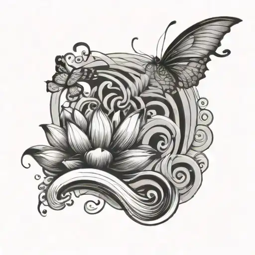 Japanese Style Waves With Lotus And Butterflies Flying