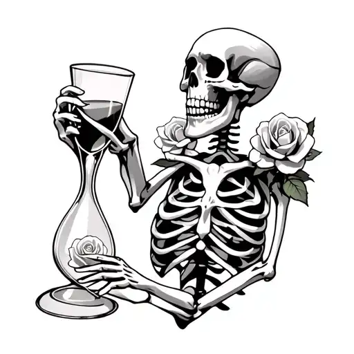 Skeleton Holding Hour Glass With Roses