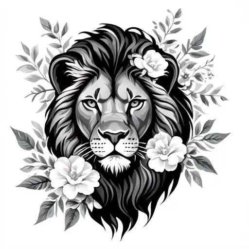 Female Lion Head With Flowers