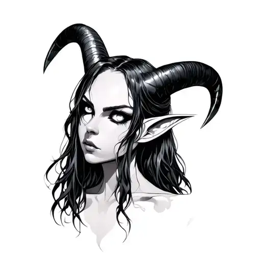 Black And White Tattoo Of Beautiful Version Of Slaanesh Long Hair Horns And White Eyes