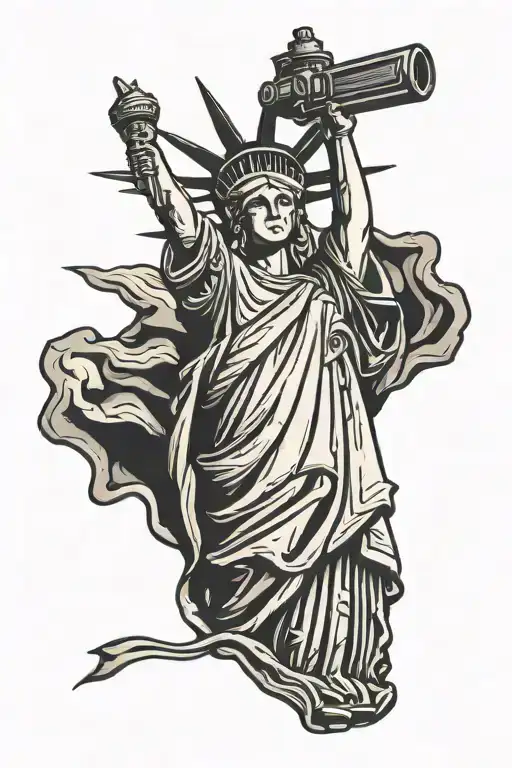 Statue Of Liberty Woodcut Style Line Art Holding A Gun