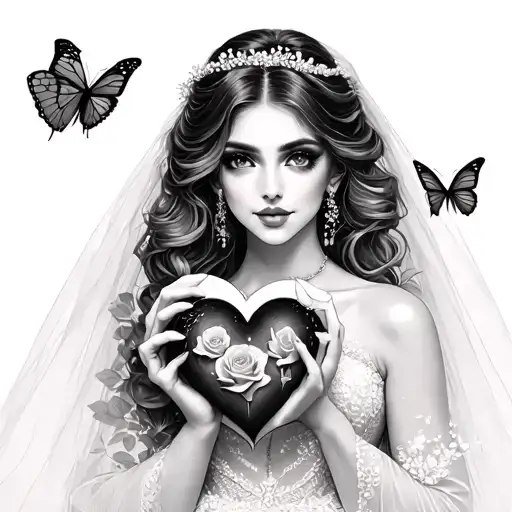 Dainty Sexy And Pretty Bride Holding A Broken Heart With Roses And Butterflies Realistic