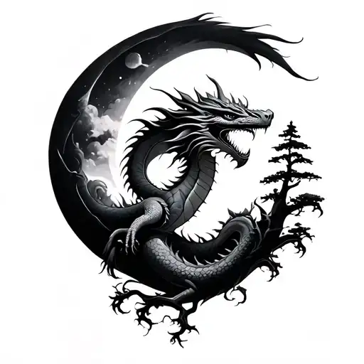 Dragon And Moon And Trees