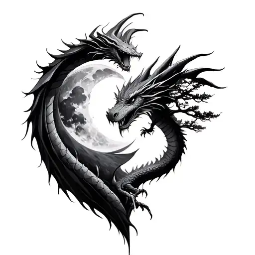 Dragon And Moon And Trees Try To Shape Something In A Half Heart