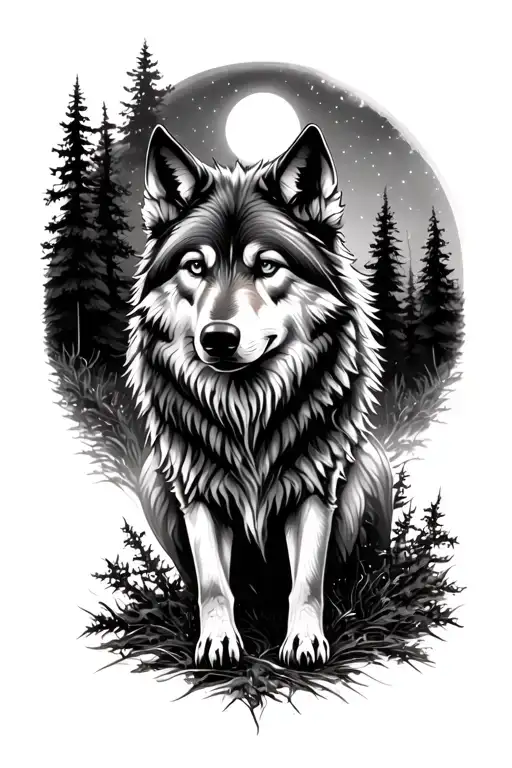 Wolf Surrounded By Trees And Lighting