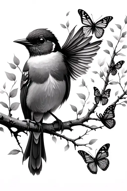 Song Bird Sitting On Branch With Butterflies And Branches Flowing Freely