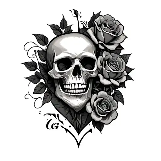 Skull And Dead Roses In A Simple Heart On A Man's Shoulder With The Initials Lg