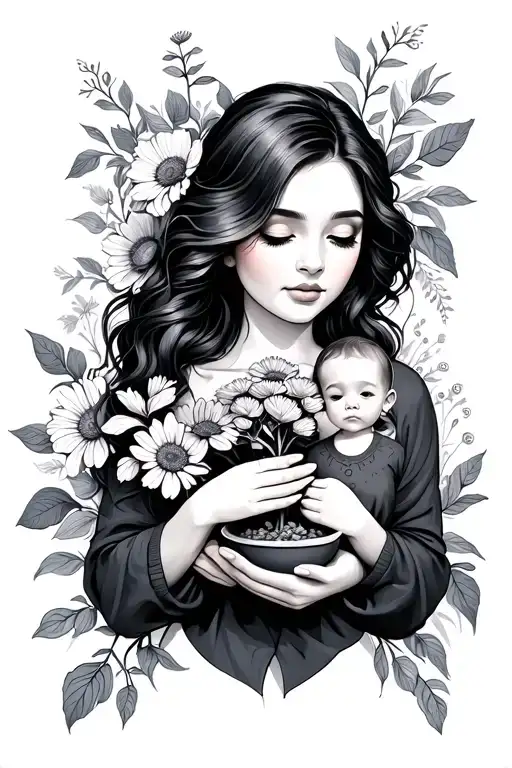 A Women Holding Her Little Self Growth And Flowers