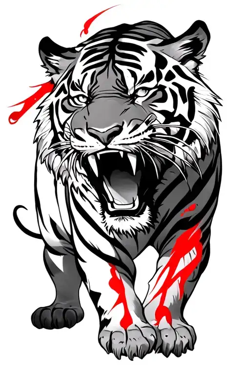 Strong Tiger With Red Marks All Across Him And Open Mouth