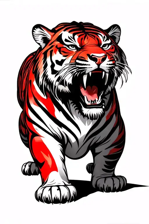 Big And Tall Strong Tiger With Red Marks All Across Him And Open Mouth