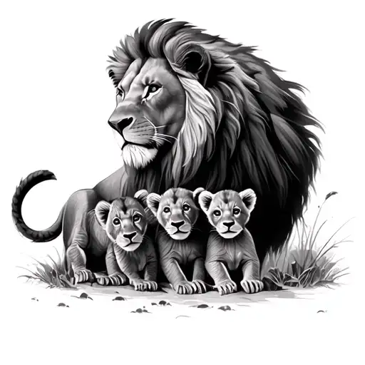 Real Life Lion Over Looking 3 Cubs