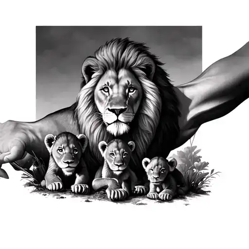 Forearm Tattoo Of Real Life Lion Over Looking 3 Cubs