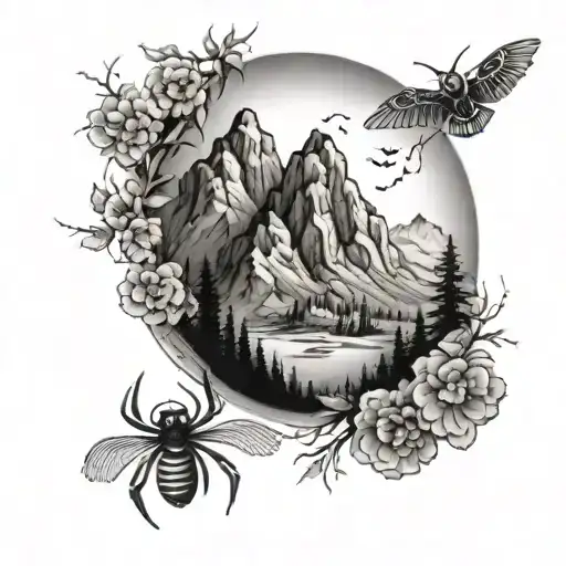 A Tattoo Of A Mountain Range With A Hidden Image Of A Spider And Owl Blended Into The Landscape